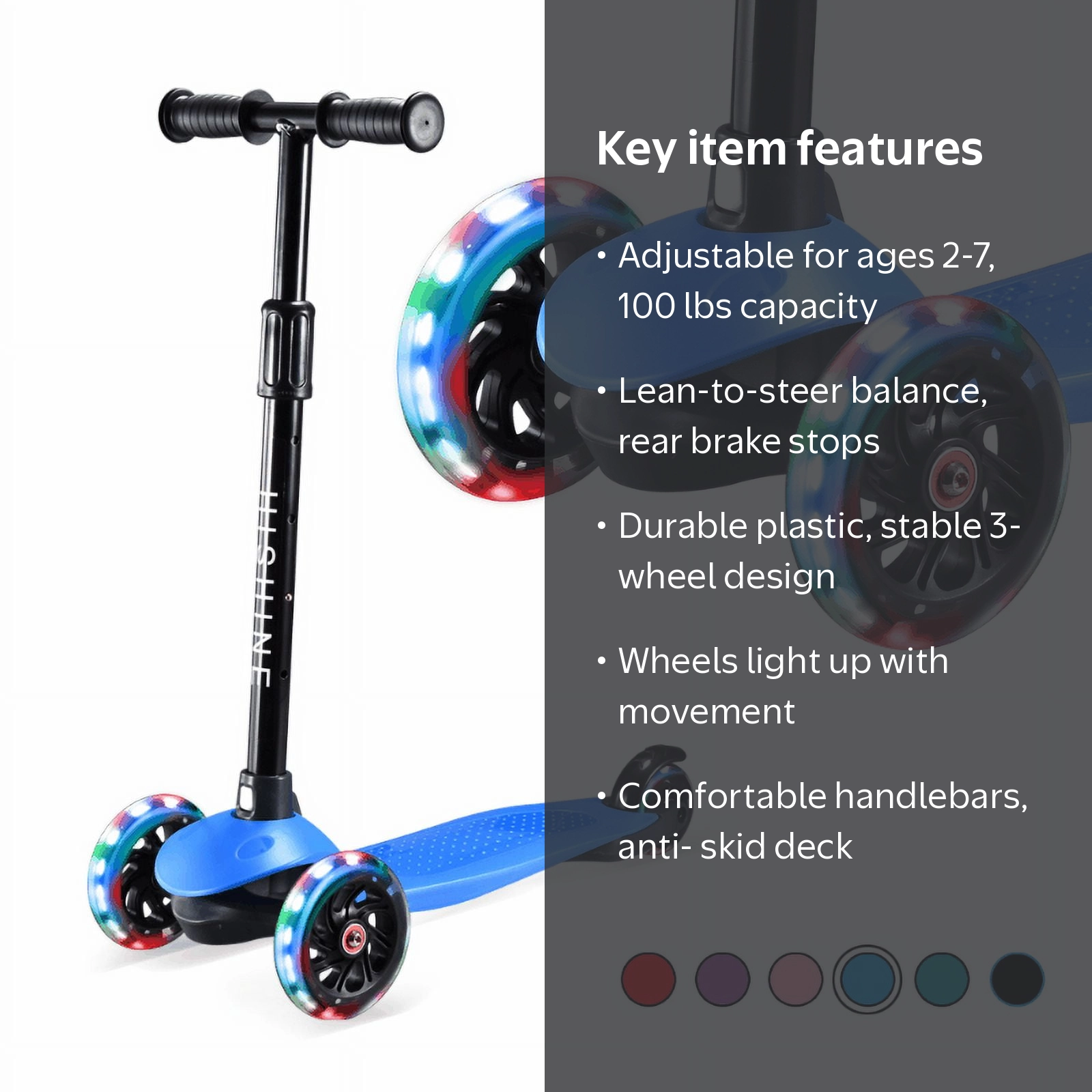 Hishine Kids Kick Scooter with 3 Light-Up Wheels, Adjustable