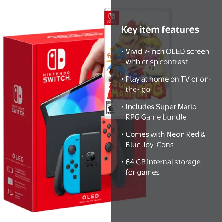 Nintendo OLED Switch w/ Neon Red & Blue Joy-Con, Super Mario RPG