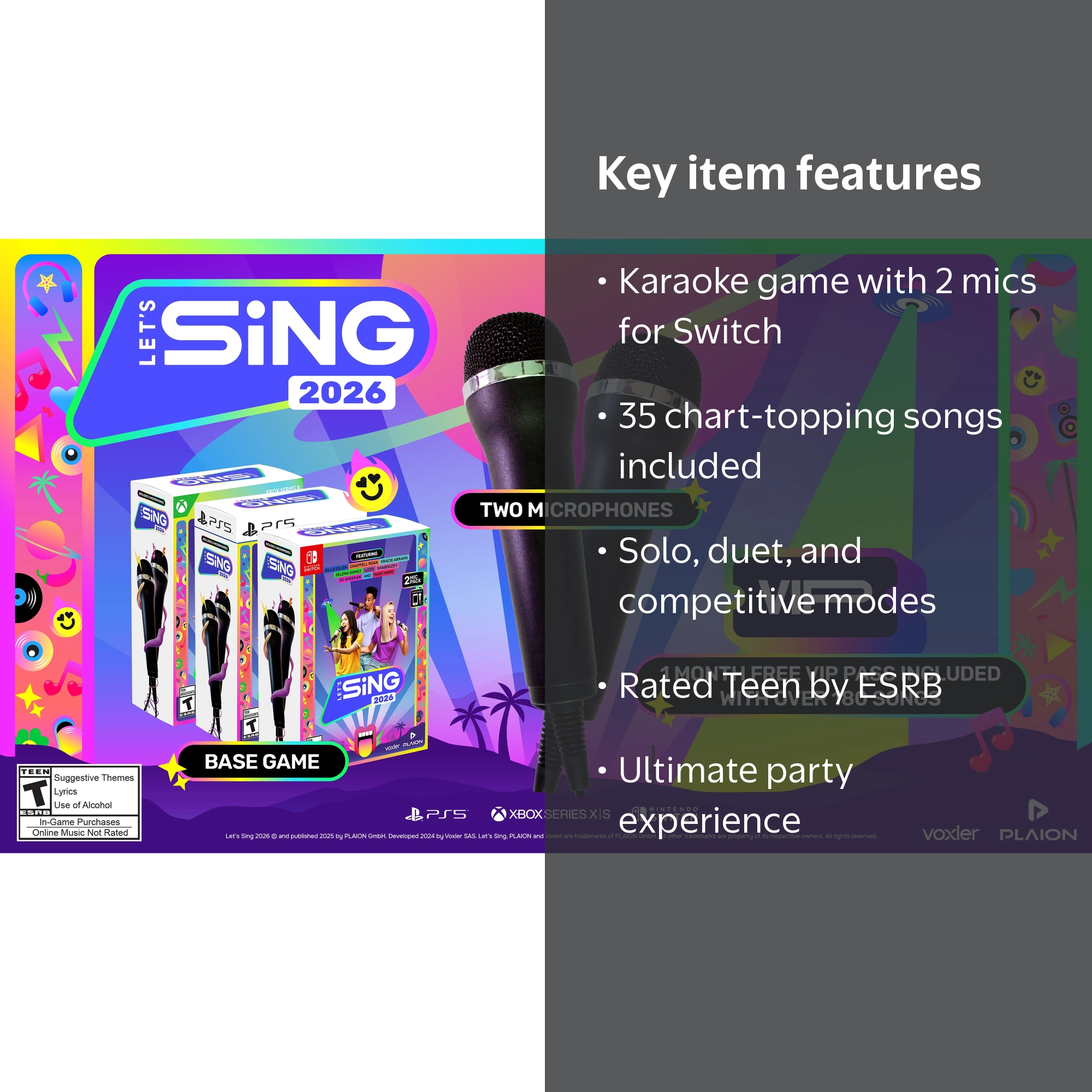Plaion, Lets Sing 2026 + 2 Mics for Nintendo Switch, 35 Song
