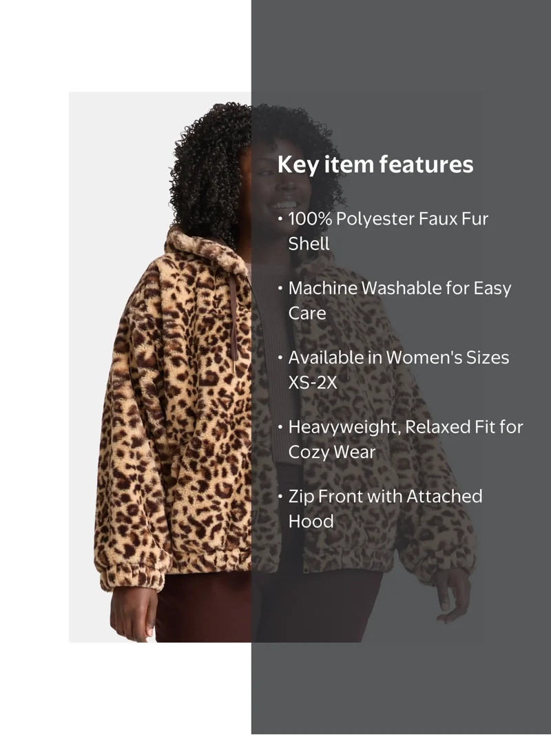 Time and Tru Women's and Women's Plus Faux Fur Hoodie Jacket