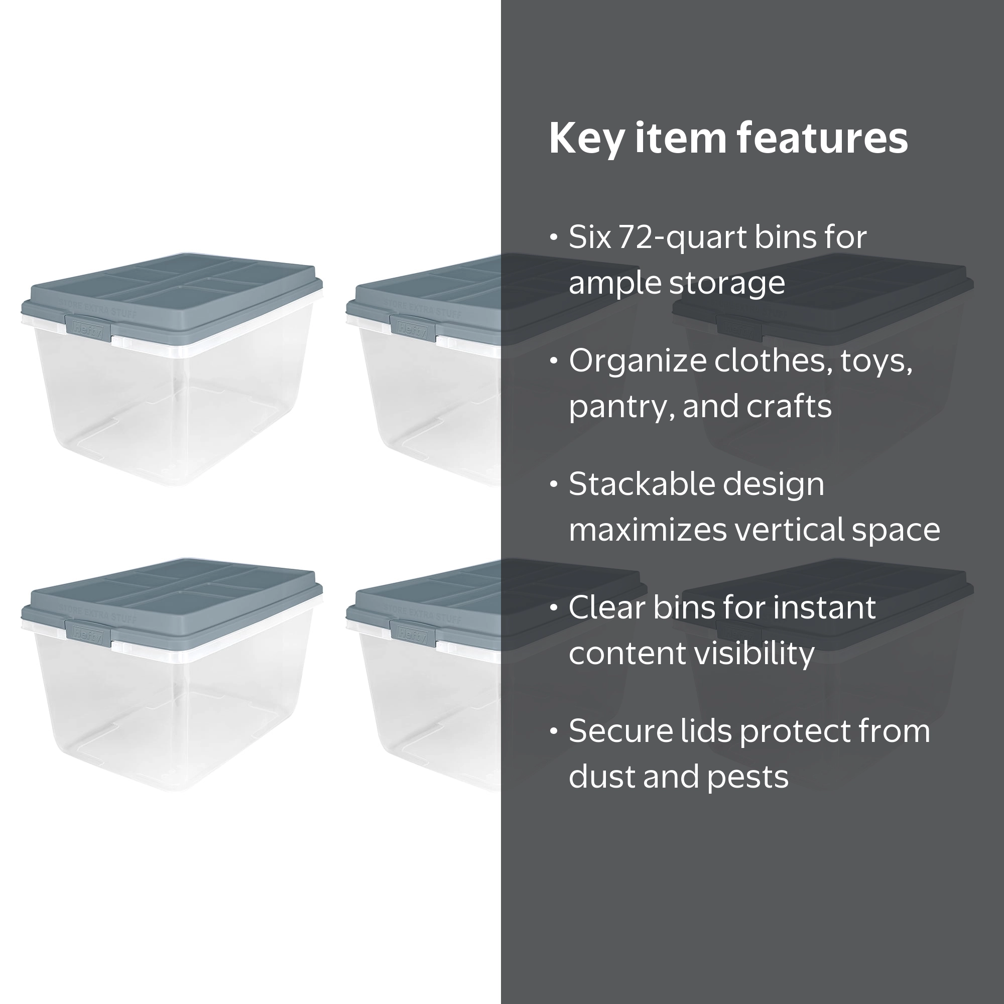 Hefty Hi-Rise Plastic Storage Bins, 72 Qt, Stackable with Lid, 6