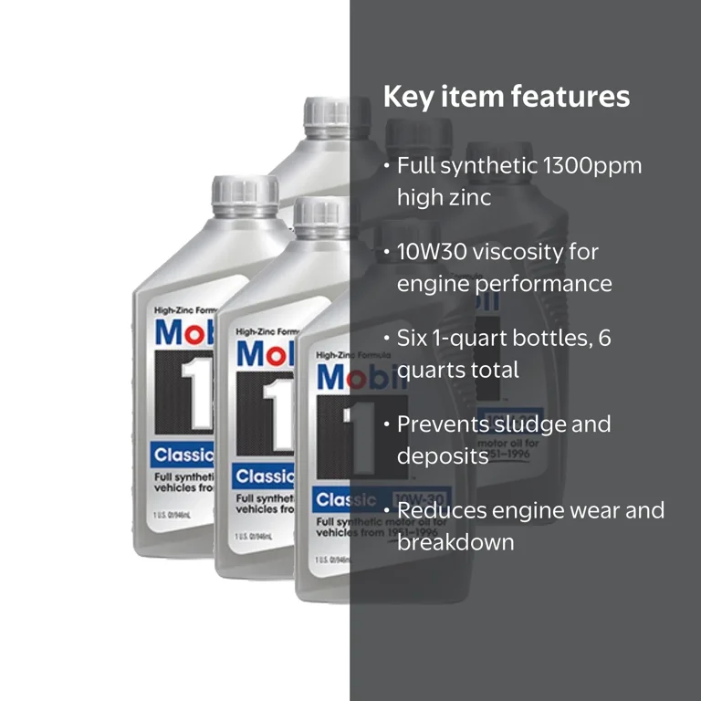 Mobil 1 128287 Classic Car Hi-Zinc 10W30 Full Synthetic Oil, 6 Qt
