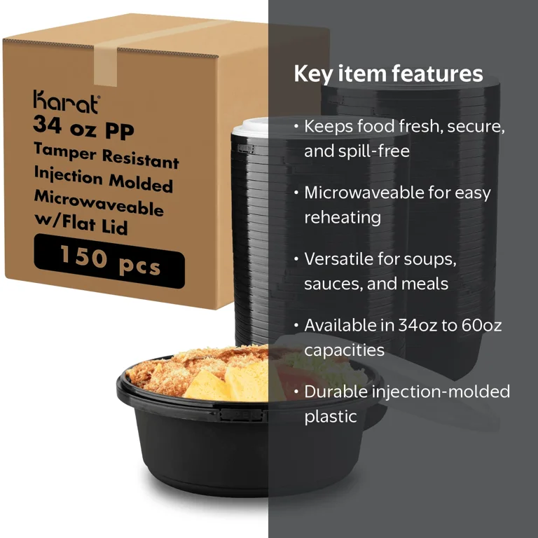 Karat Black Food Container with Clear Lid, Microwaveable, 34oz