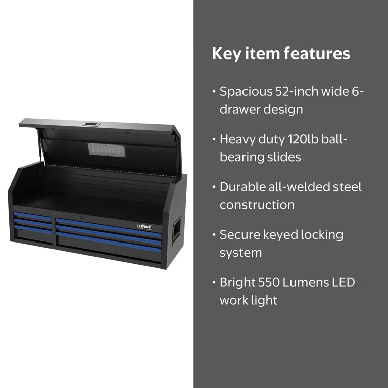 HART 52-Inch 6-Drawer Heavy-Duty Steel Tool Chest, Lockable Garage