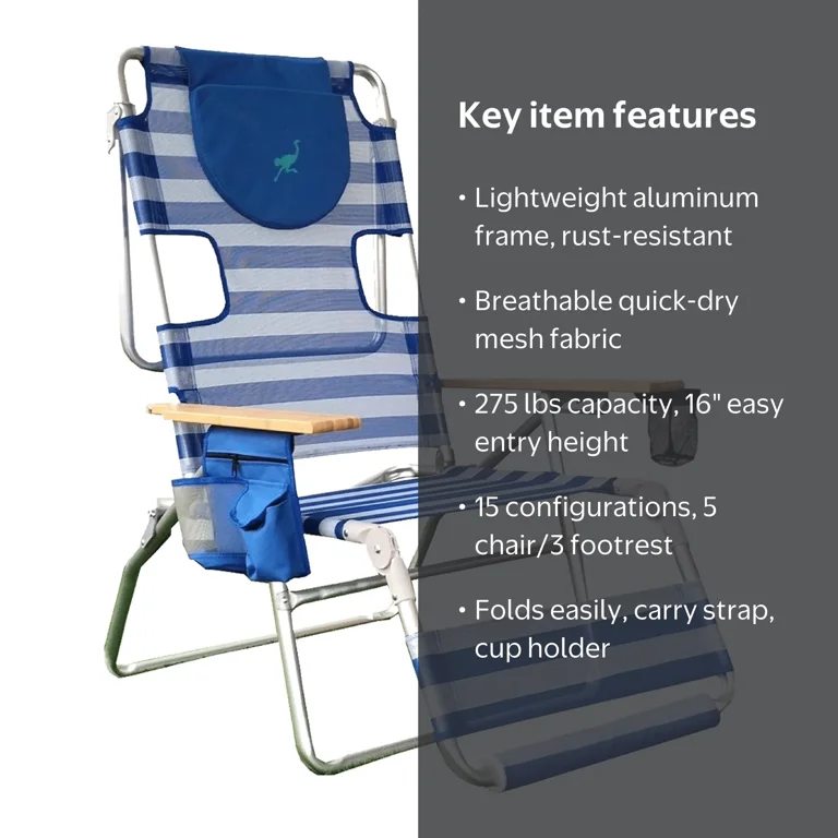 Ostrich, 3-N-1 Altitude High Back Beach Chair, 16 Inch, Blue