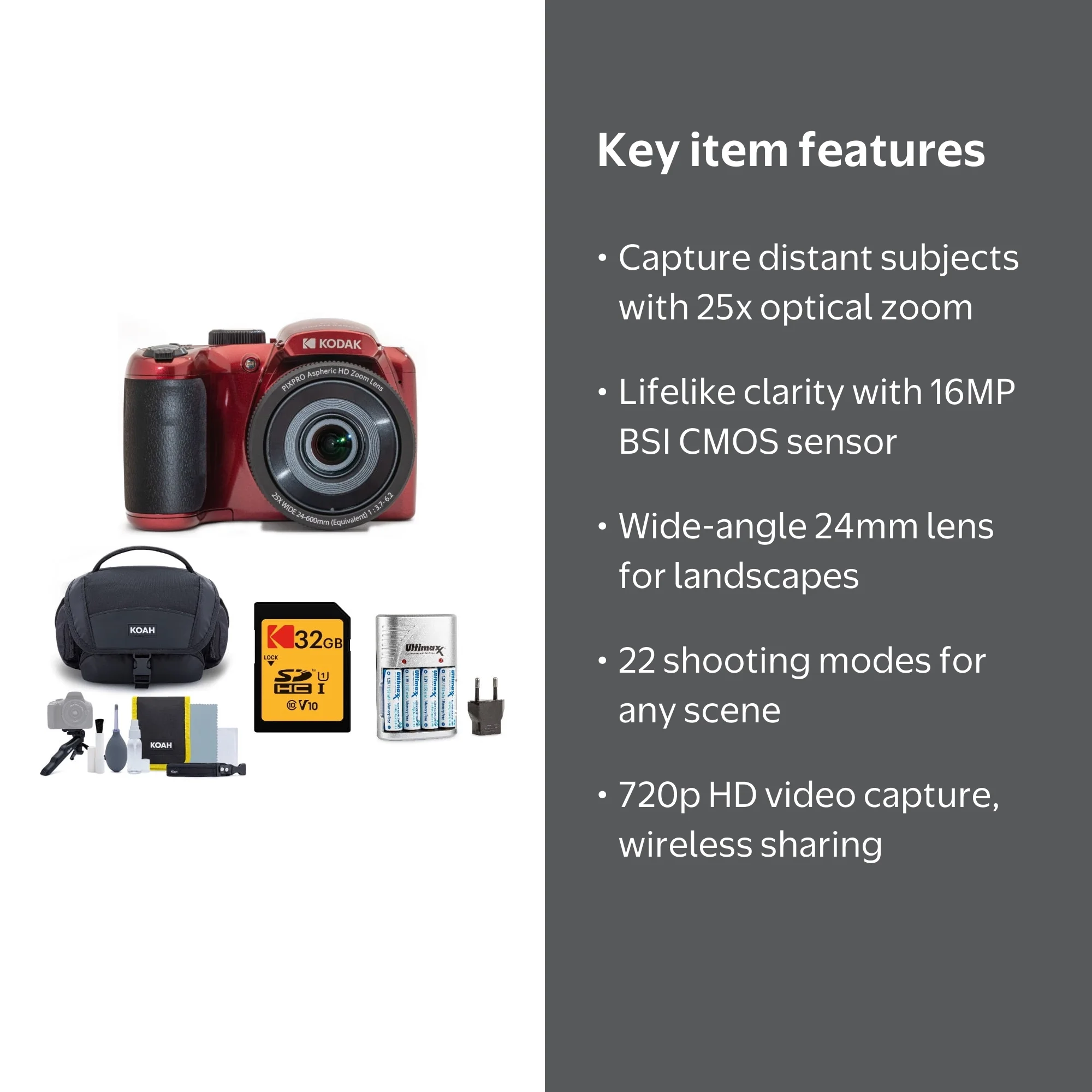 Kodak PIXPRO AZ255 Digital Camera, 16MP CMOS Sensor, 25x Optical