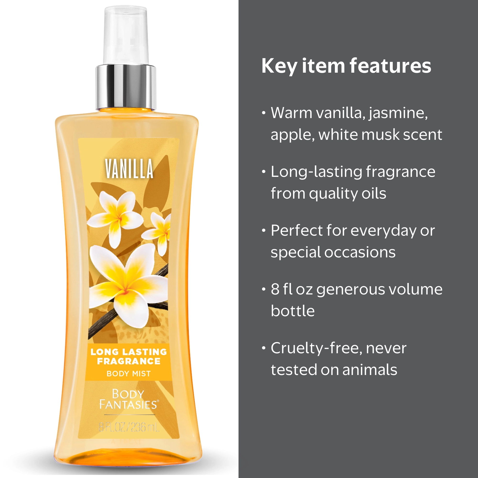 Body Fantasies, Body Spray, Vanilla 8 fl oz, Long Lasting