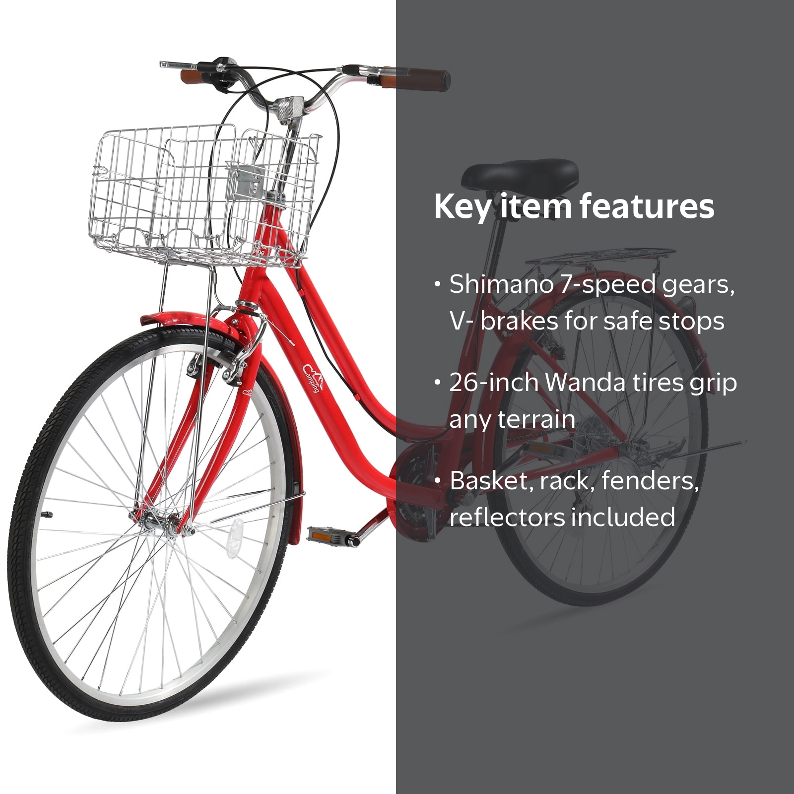 Ktaxon, City Urban Commuter Bike, Red, 26in, Shimano 7-Speed