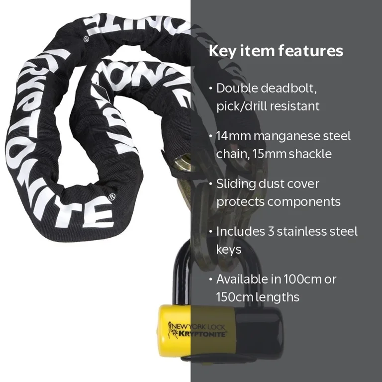 Kryptonite, Bicycle Locks, 14 mm X 60 in, 5 ft, 14mm chain size
