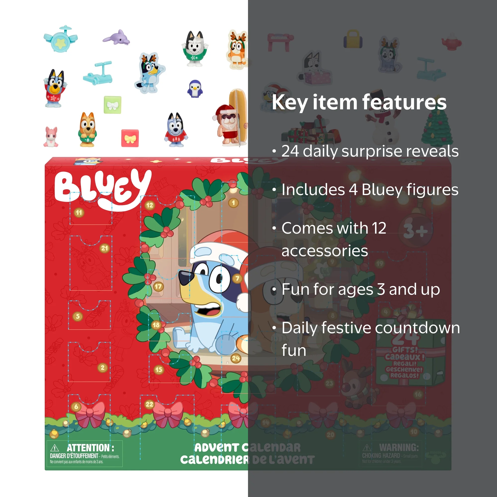 Calendrier de l'Avent de Noël de Bluey, ce pack surprise très festif de Bluey contient 24 surprises derrière 24 fenêtres différentes, inclut 3 figurines de bain de Noël, 18 accessoires et 3