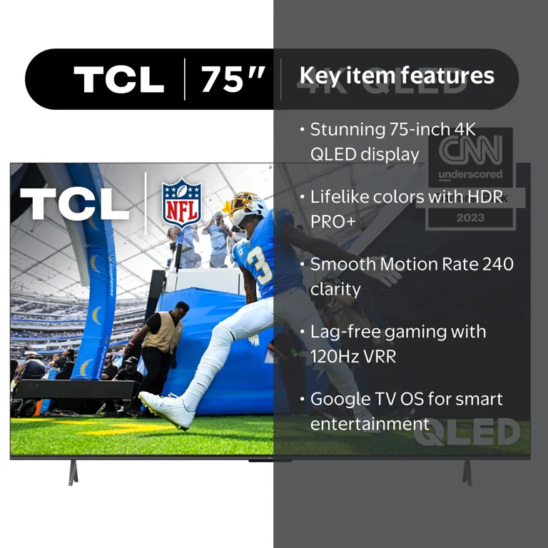 TCL 75” 4K QLED HDR Smart TV, Google TV, Dolby Vision, Game