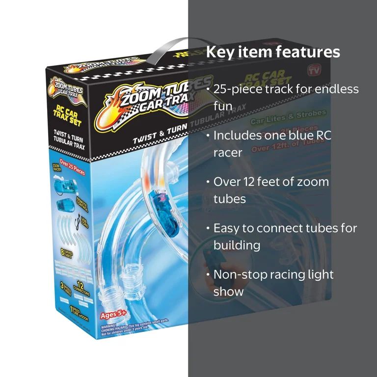 Zoom Tubes, Car Trax Set, 25-Pc with 1 Blue Racer, 12ft Tubes