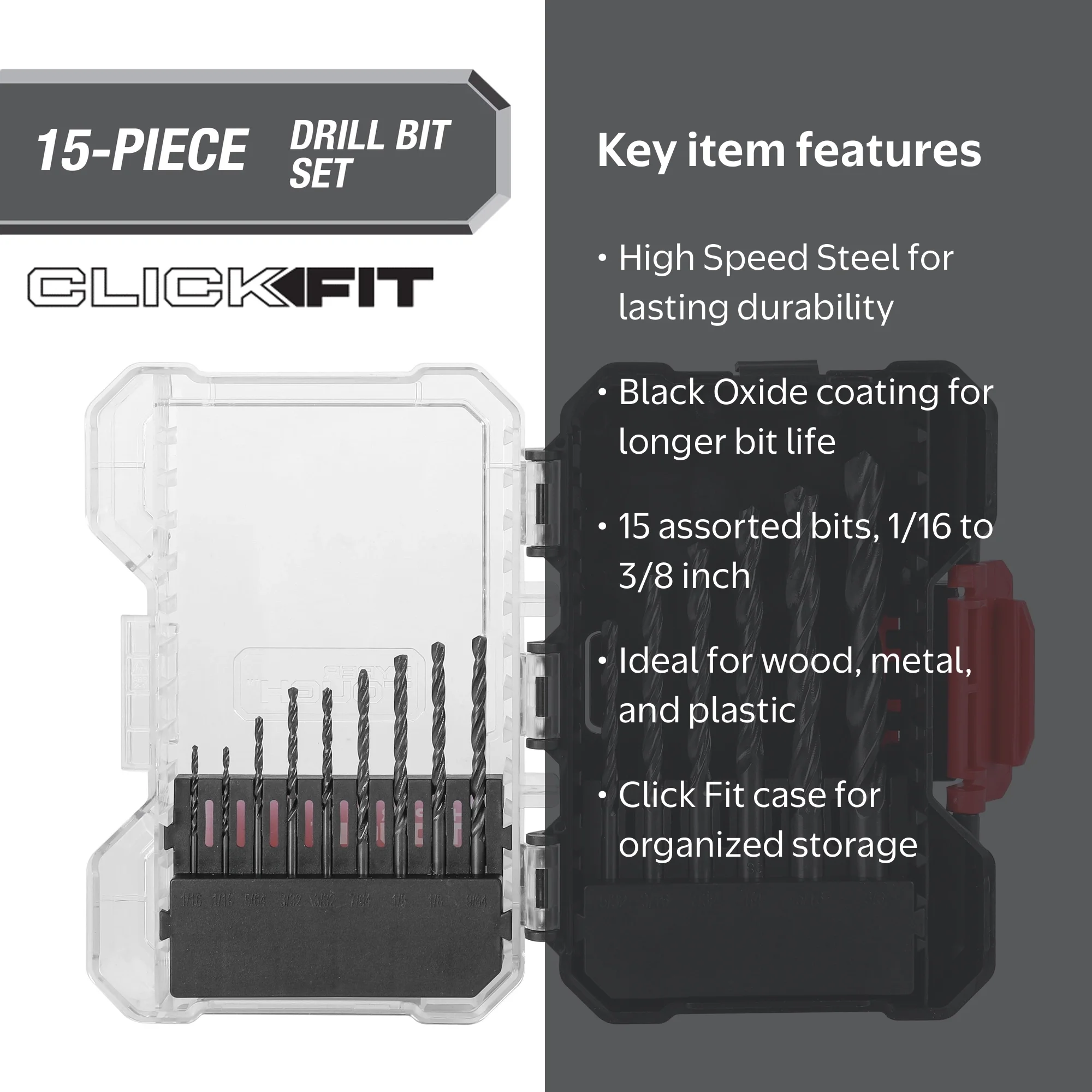 Hyper Tough 15-Piece Click Fit Drill Bit Set, High-Speed Steel