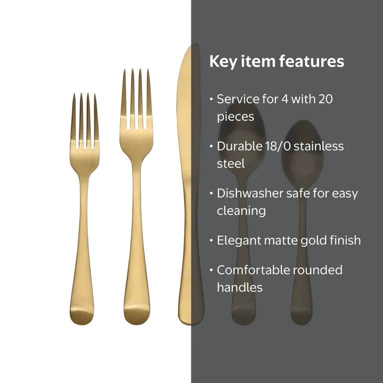 Better Homes & Gardens 20 Pieces Arlo Gold Flatware Set with Matte