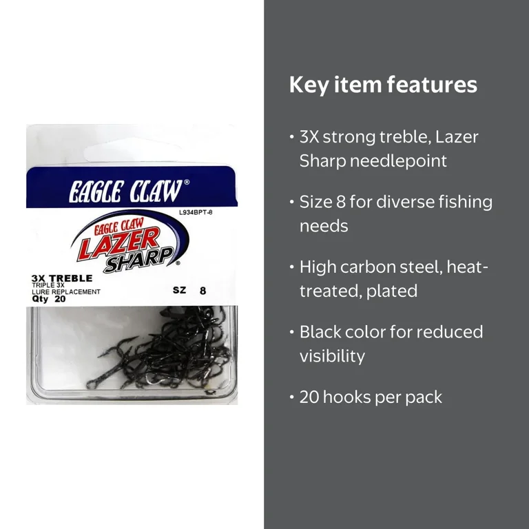 Eagle Claw Lazer Sharp 3X Treble Hook - Size 8 - 20 Pack - Walmart.com