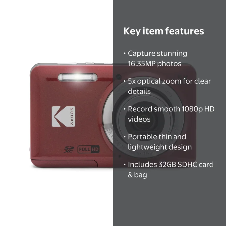 Kodak PIXPRO FZ55 Compact Digital Camera, Red Bundle with Lexar