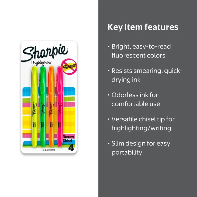 Sharpie Pocket Style Highlighters, 4-Pack, Chisel Tip, Assorted