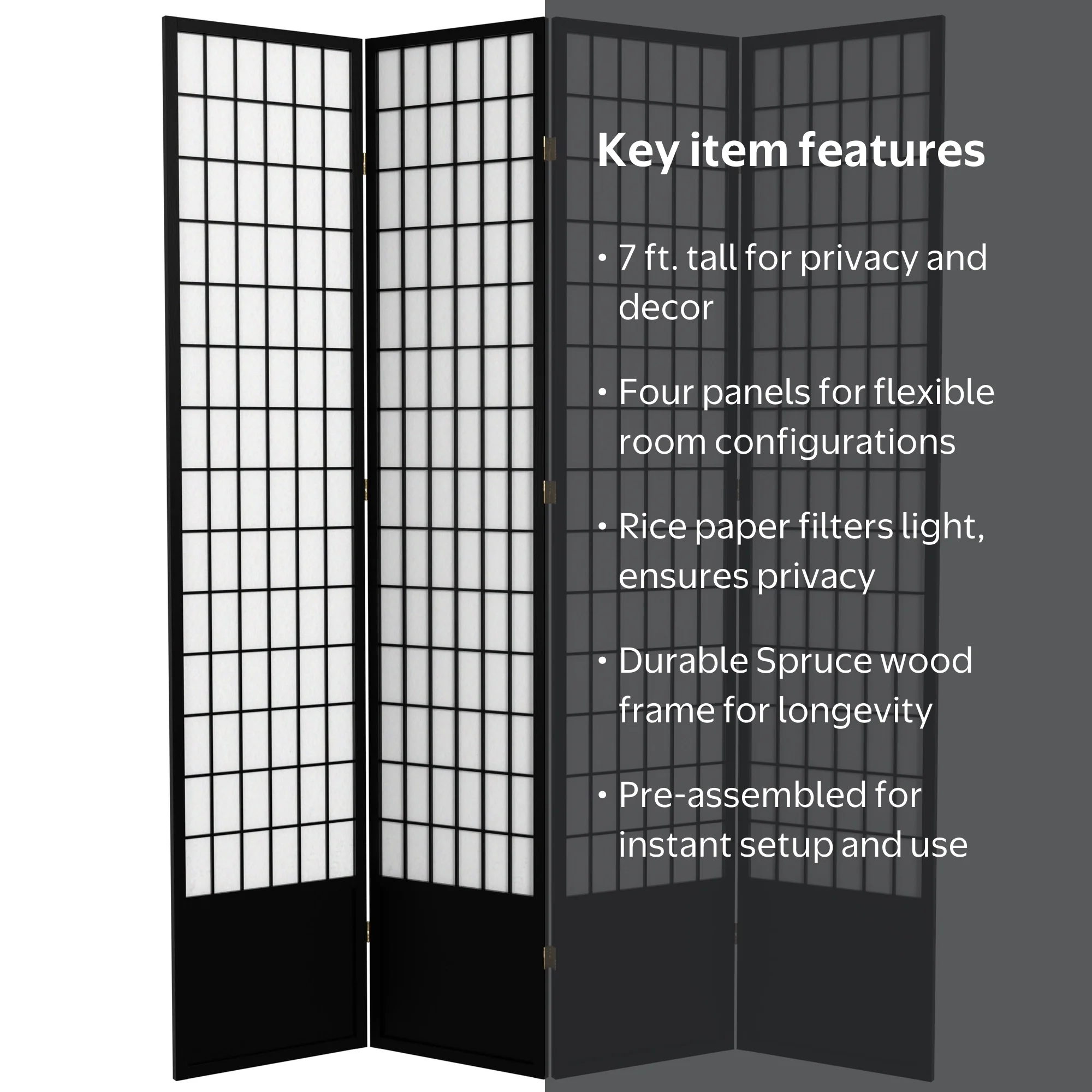 Red Lantern 7 ft. Tall Window Pane Shoji Screen - Black - 4 Panels