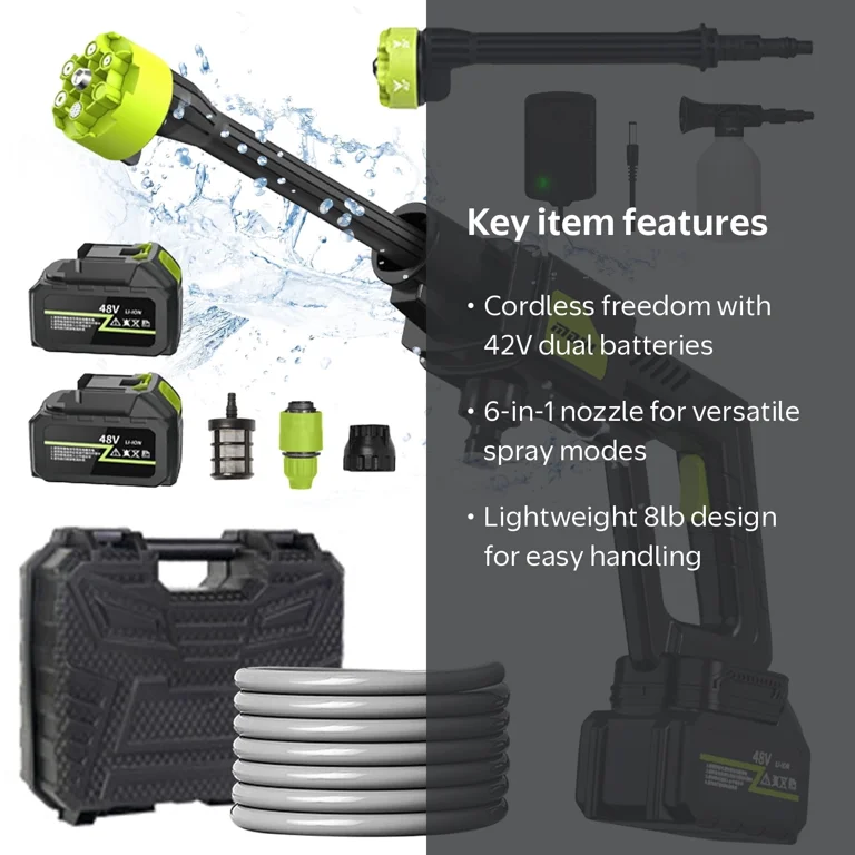 HDJ 42V Cordless Pressure Washer, 800 PSI, 2 Batteries, 6-in-1