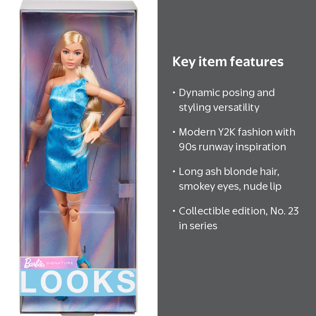 Barbie Looks Sammelpuppe Nr. 23 – Y2K-Style Mit Aschblonden Haaren, Metallisch-blaues Kleid, Bewegliche Gliedmaßen Barbie Looks Sammelpuppe Nr. 23 – Y2K-Style Mit Aschblonden Haaren, Metallisch-blaues Kleid, Bewegliche Gliedmaßen