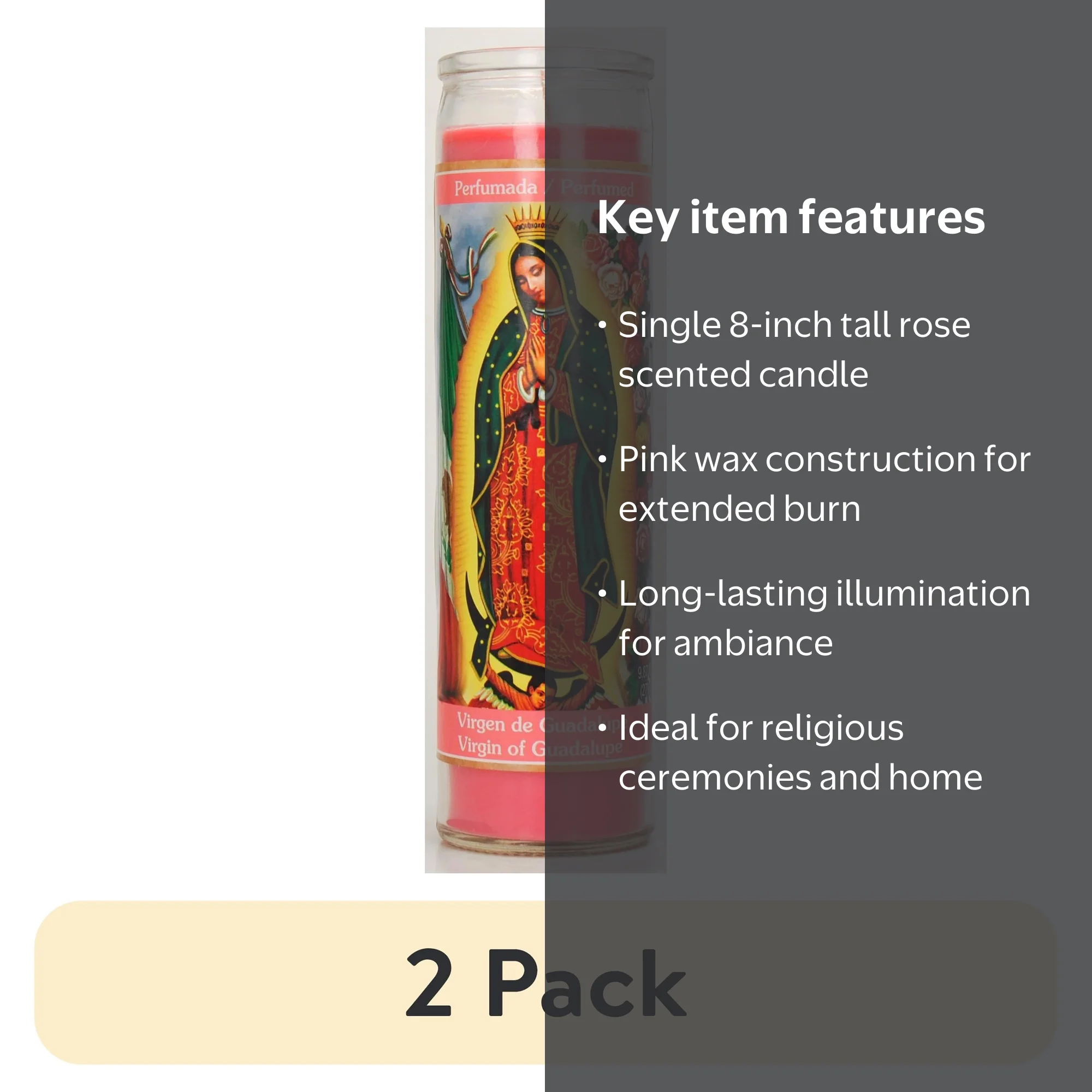 Prayer Candle 2 Pack Guadalupe Rose Scent Pink Wax 8 Inch
