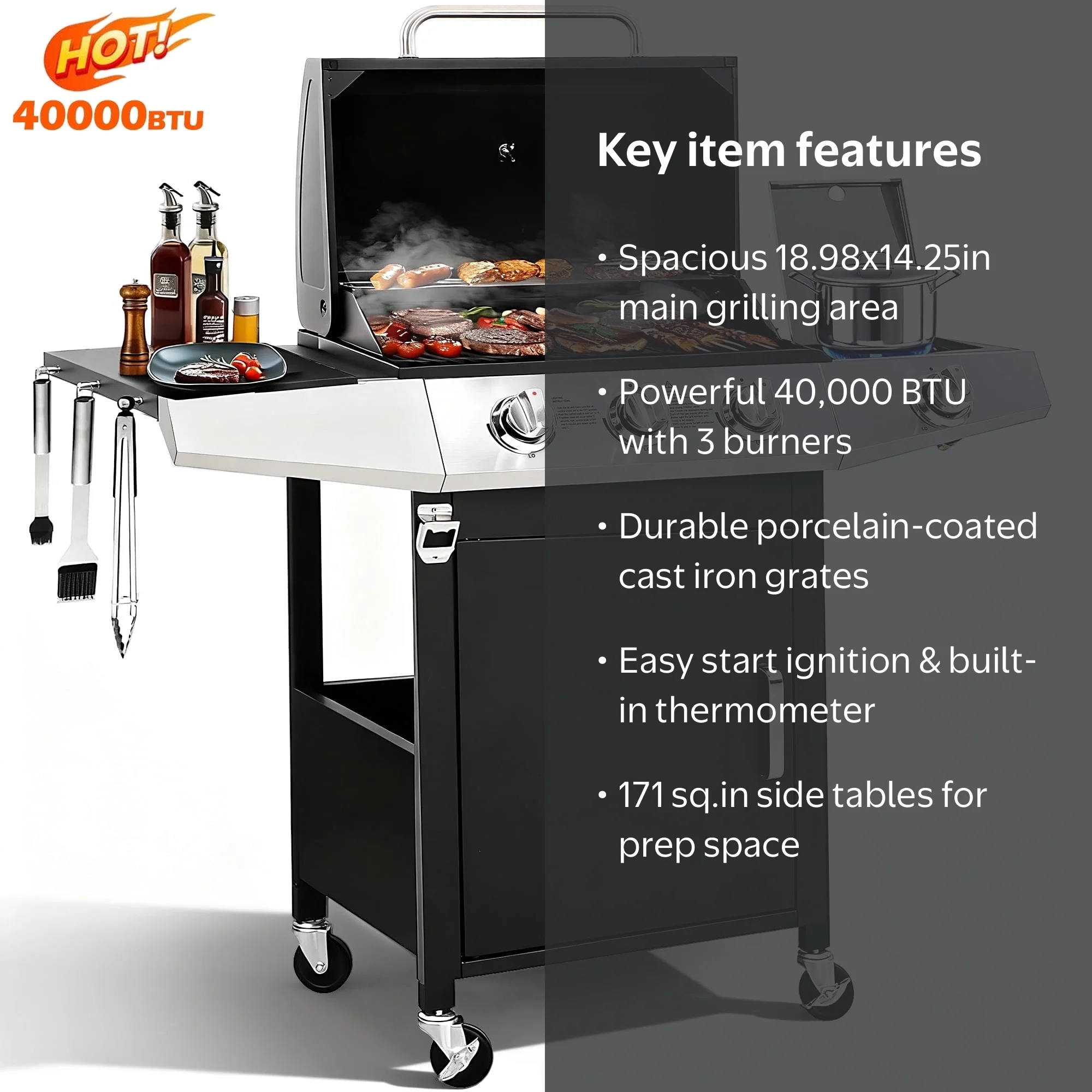 Seizeen Gas Grill, 3-Burner Propane BBQ with 40,000 BTU, Side