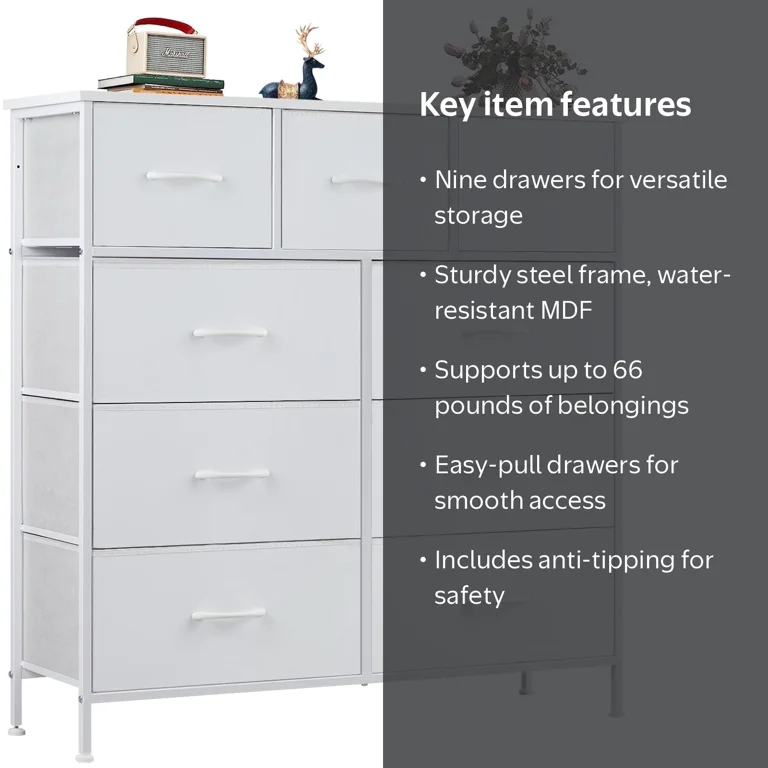 edx, Fabric Storage Dresser with 9 Drawers, Steel Frame and Wooden