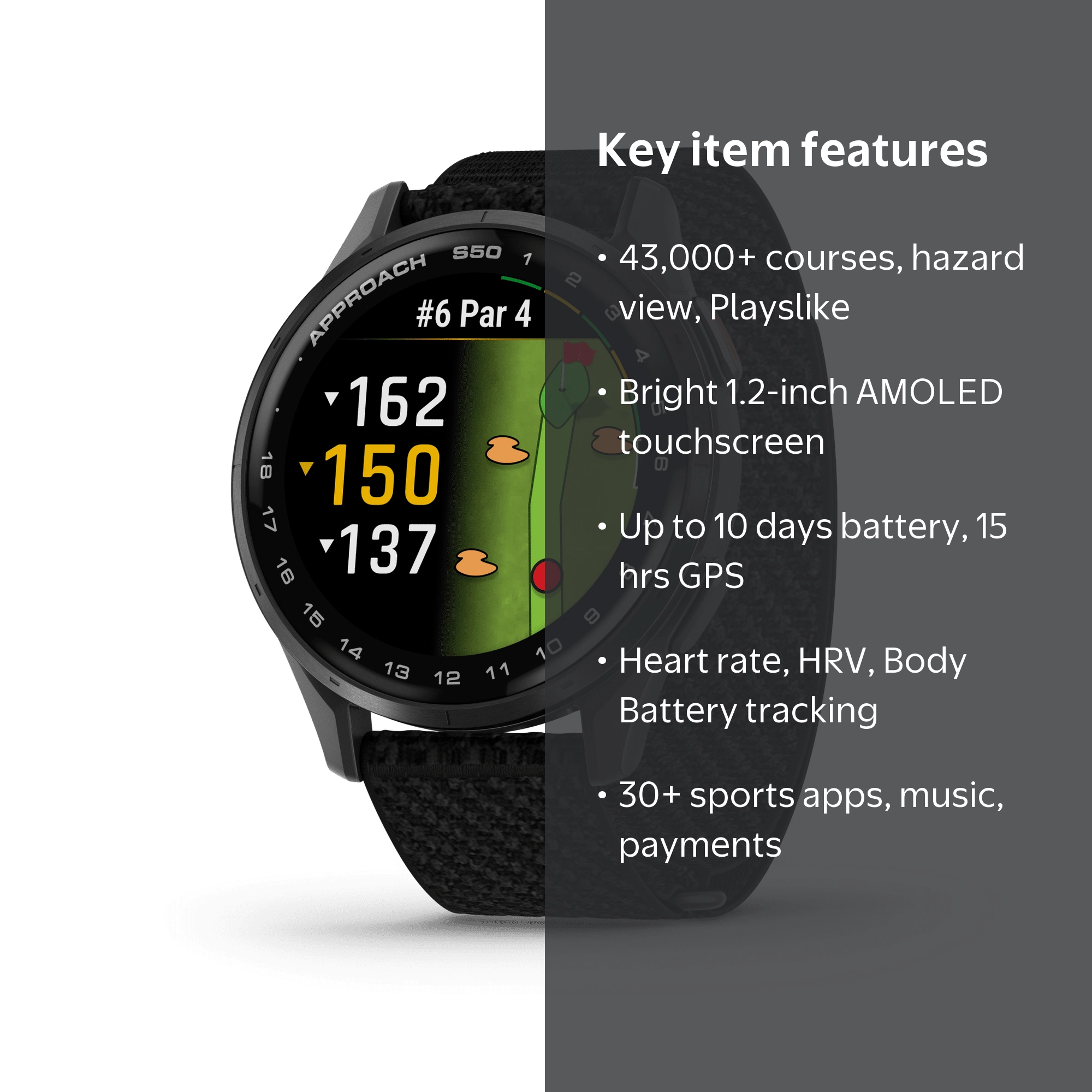 GARMIN, Approach S50, Advanced Golf GPS Smartwatch with AMOLED