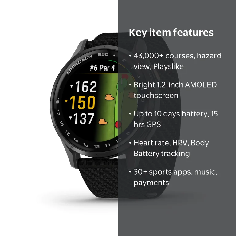 GARMIN, Approach S50, Advanced Golf GPS Smartwatch with AMOLED
