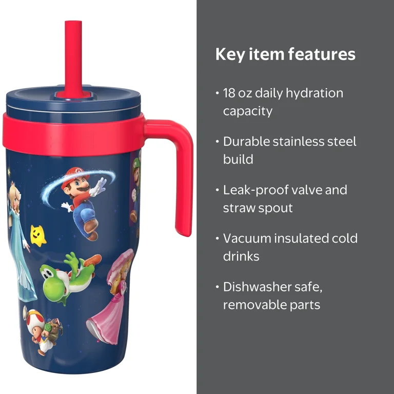 Zak Designs 18oz Mario Navy Kids Straw Cruiser Tumbler, Stainless