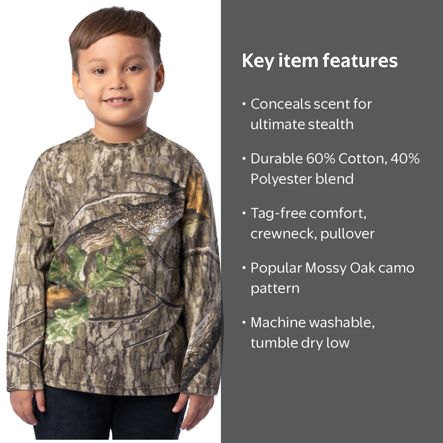 Mossy Oak Youth Hunting Camo Long Sleeve T-Shirt, Size XS-XL