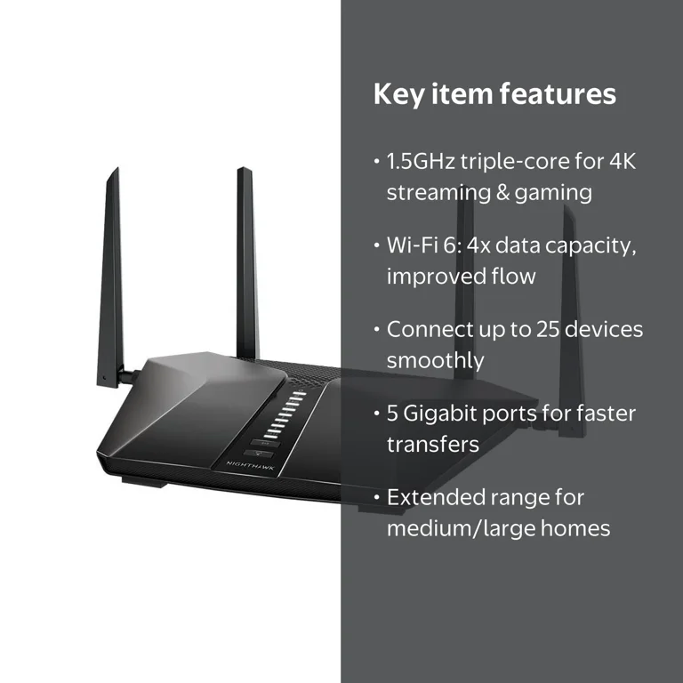 NETGEAR AX5400 WiFi Router, RAX50-100NAS, AX6 6-Stream WiFi 6, 1.5