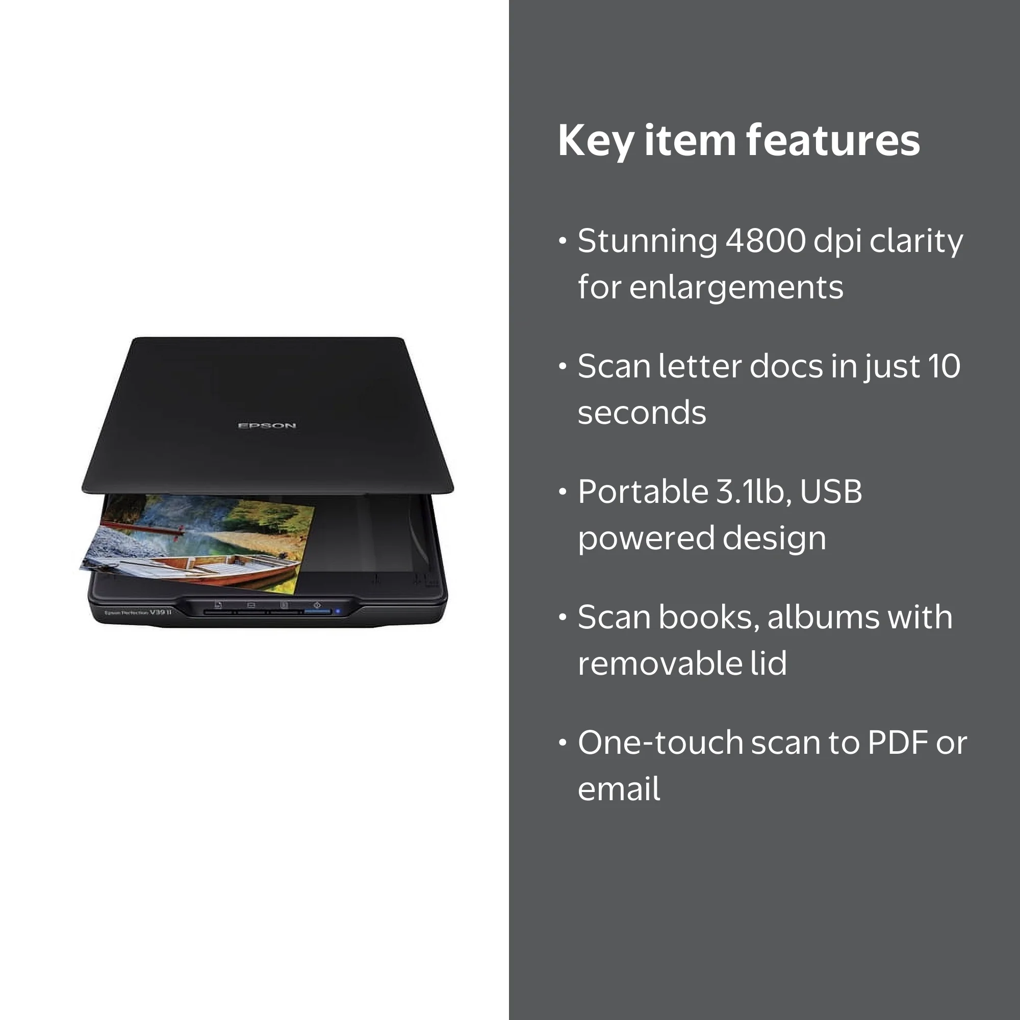 Epson Perfection V39 II Flatbed Scanner, 4800 dpi, Color Photo and