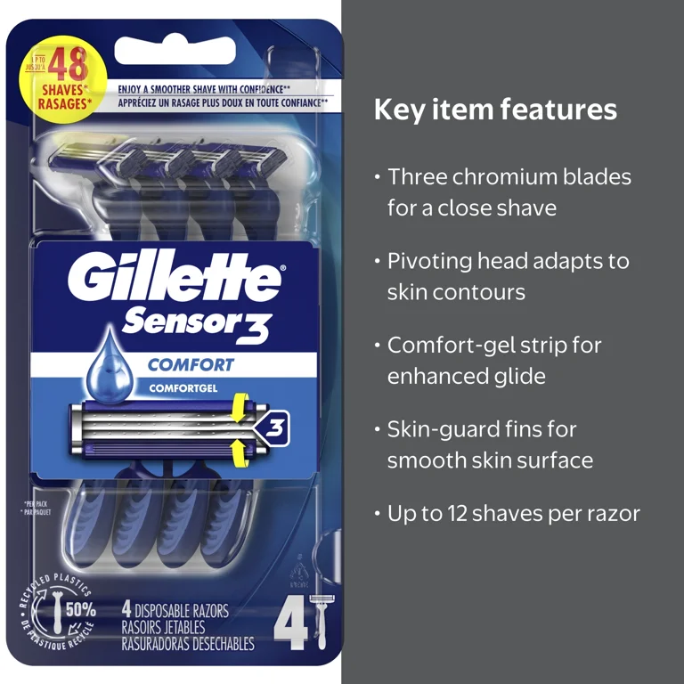 Gillette Sensor3 Men's Disposable Razor, Blue, 4 Razors with 3