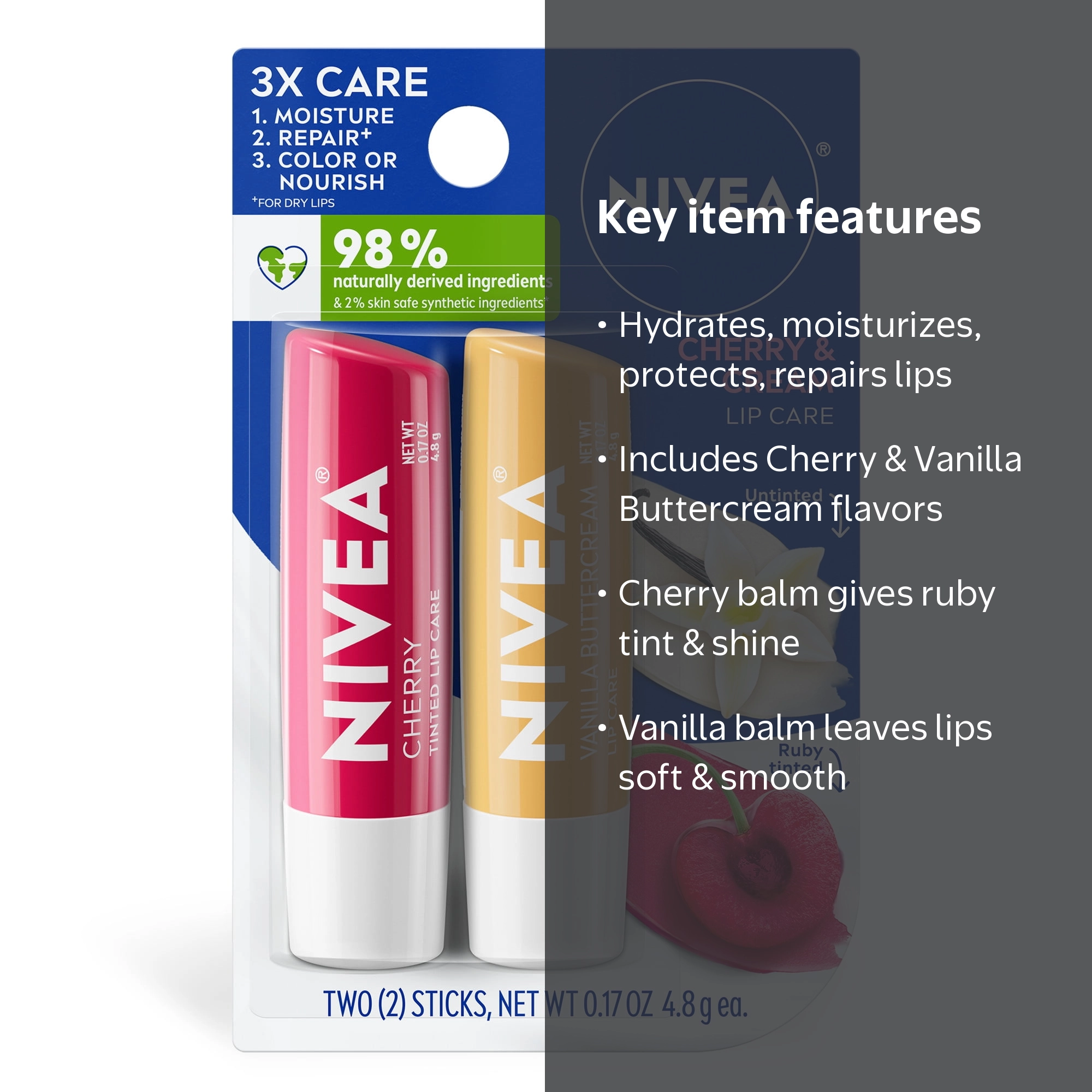 Never Cream α 75g×10個セット NIVEA Cherry and Cream Lip Care, Flavored Lip Balm Set, 0.17 oz