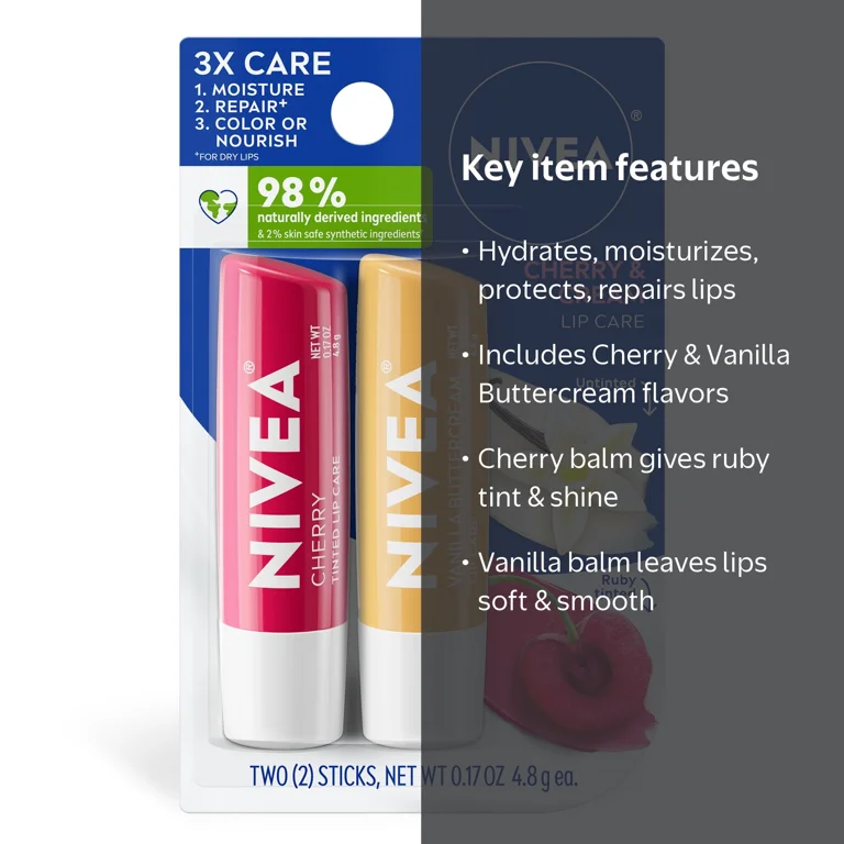NIVEA Cherry and Cream Lip Care, Flavored Lip Balm Set, 0.17 oz