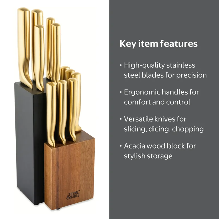 Thyme & Table 12-Piece Acacia Wood & Gold Knife Block Set