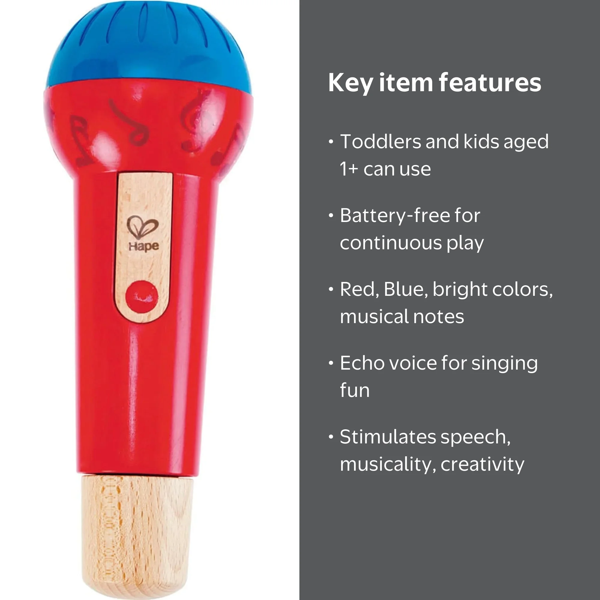 Hape Mighty Echo Microphone - Red & Blue, Battery-Free Voice