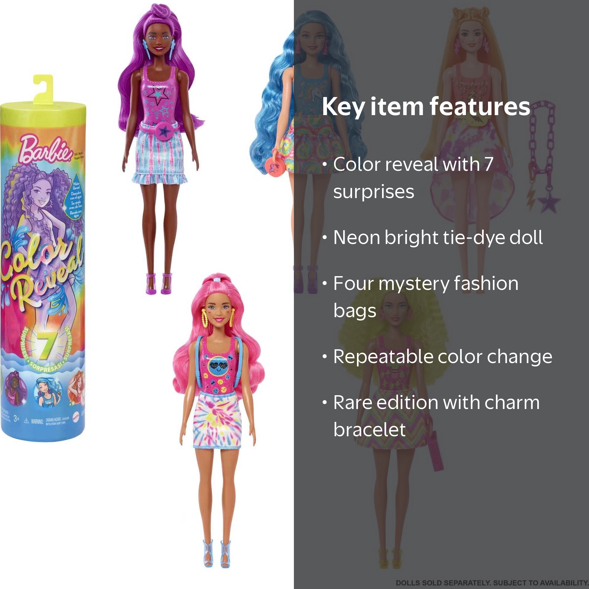 Barbie, Color Reveal Neon Tie-Dye Fashion Doll, Styles May Vary