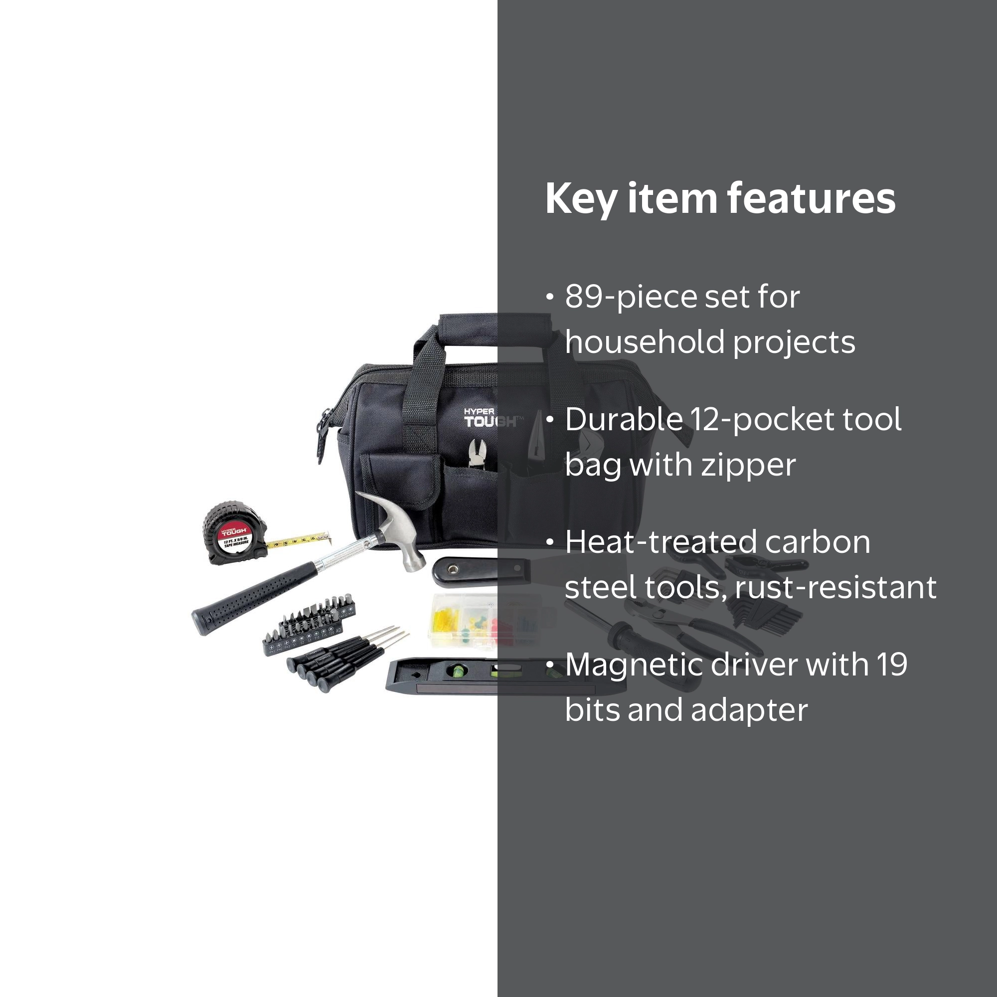 Hyper Tough 89-Piece Household Tool Set with 12-Pocket Tool Bag