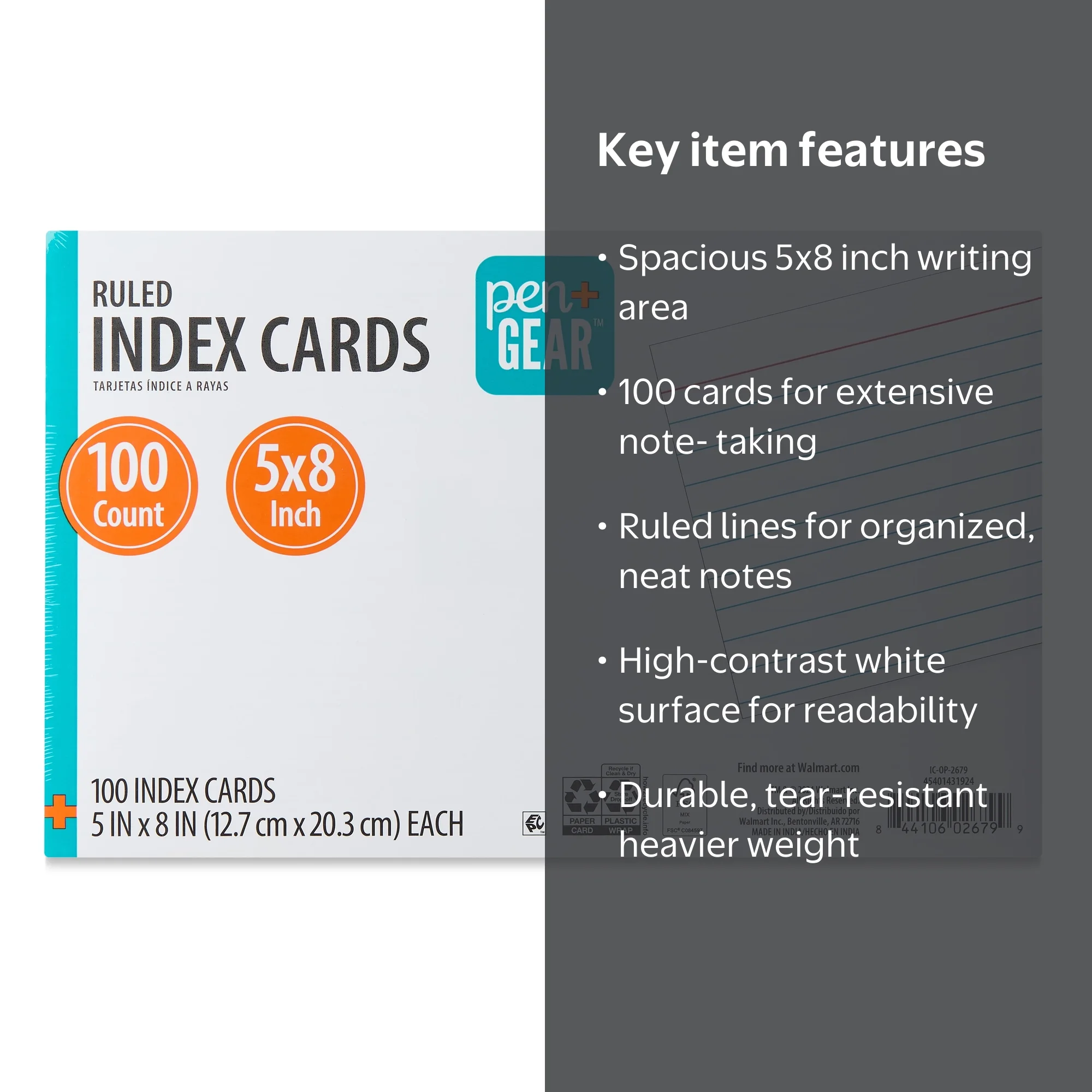 Pen+Gear Ruled Index Cards, White, 5x8 inches, Pack of 100 for