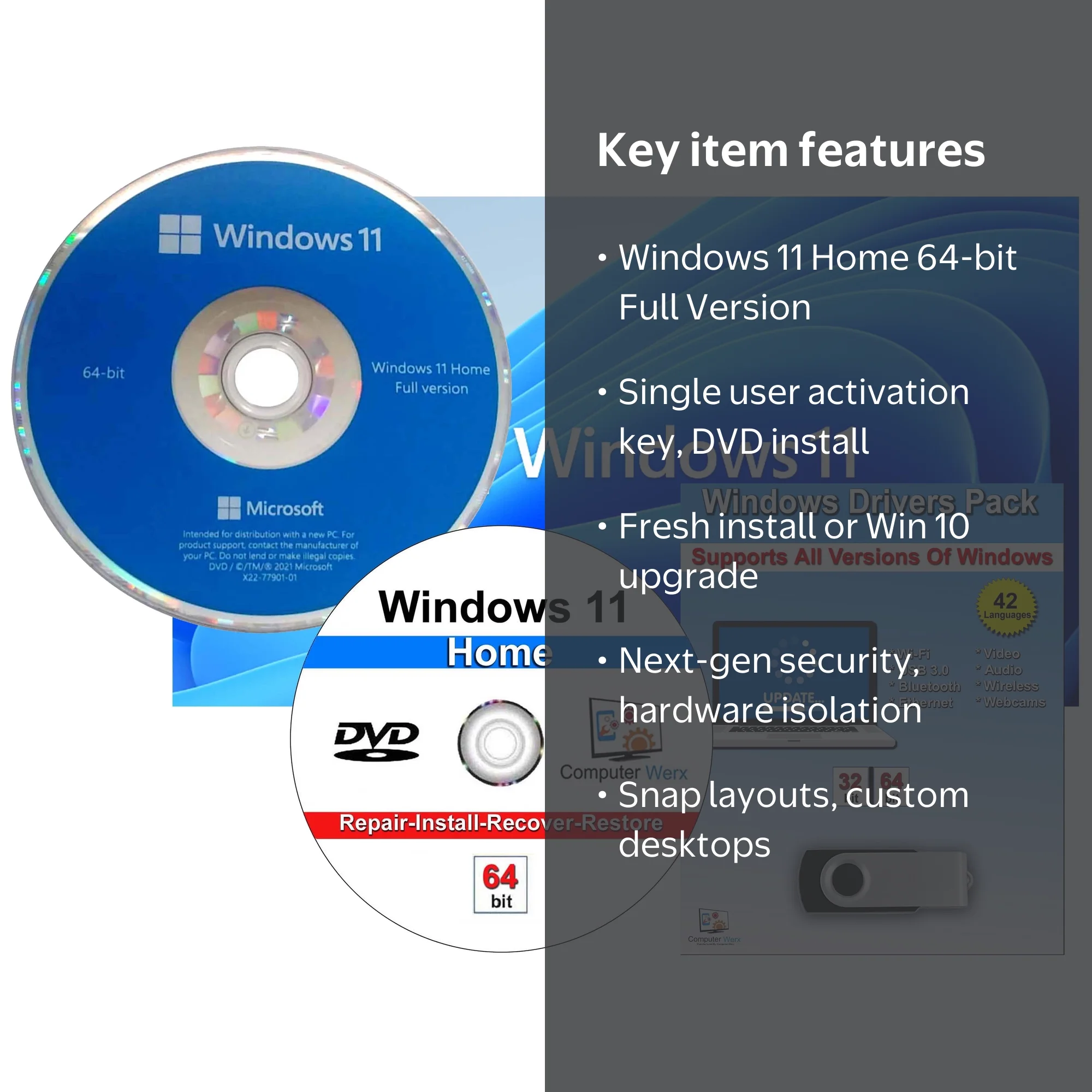 MS-OEM-Computer Werx, Windows 11 Home Full Version, 64 Bit PC Disc