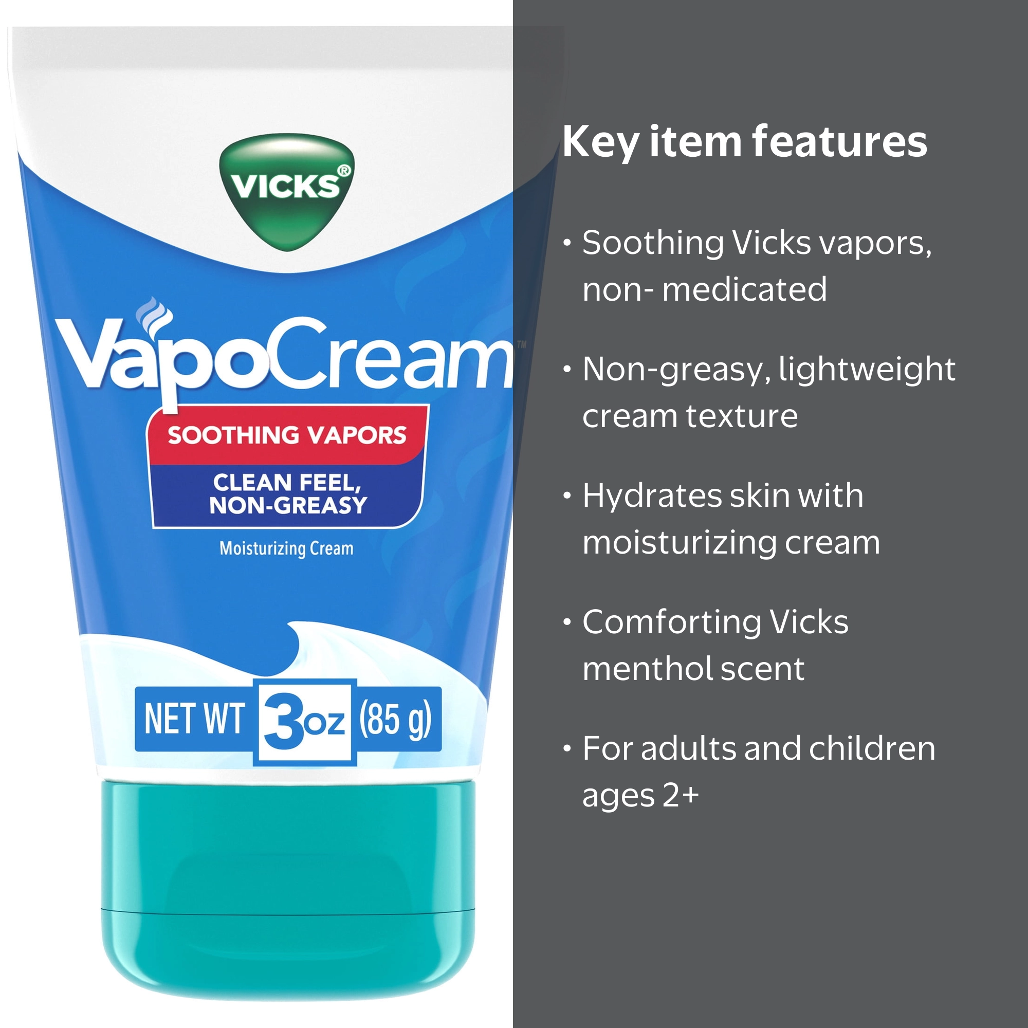 Vicks VapoCream, Non-Greasy Moisturizing Cream, Non-Medicated, 3.0