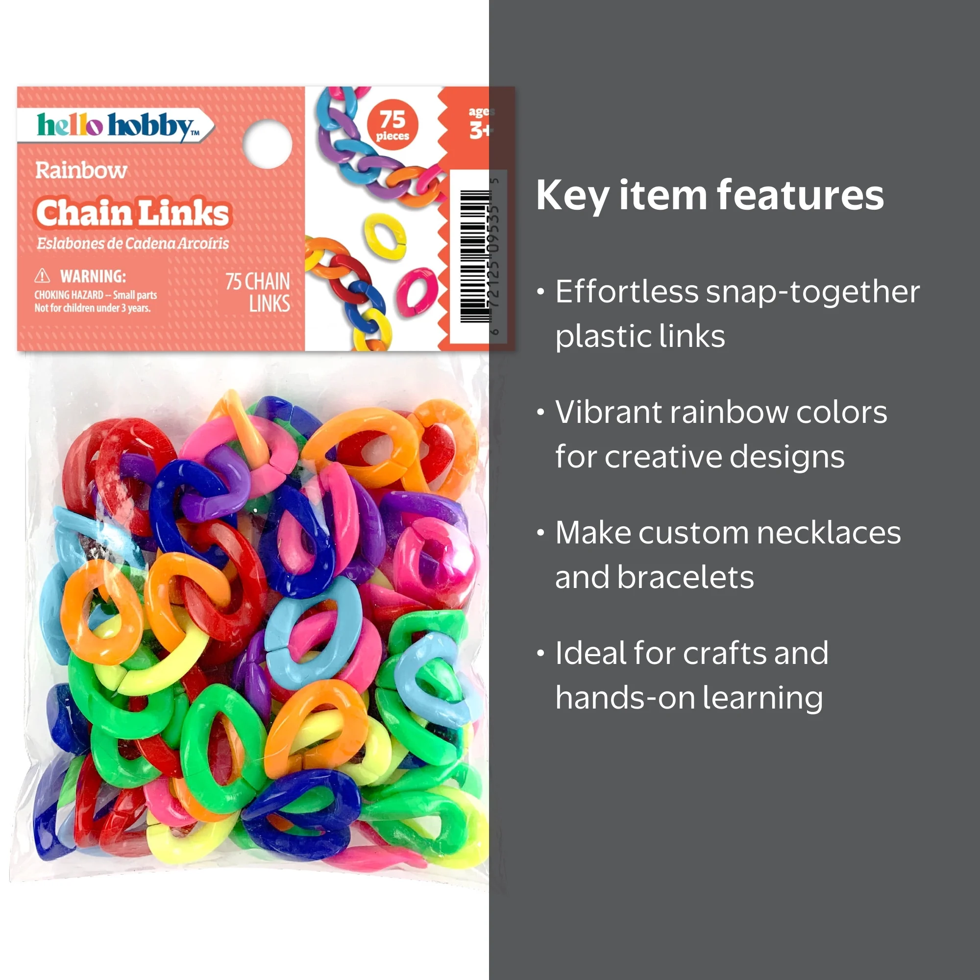 Hello Hobby Rainbow Plastic Chain Links, DIY Kids Jewelry