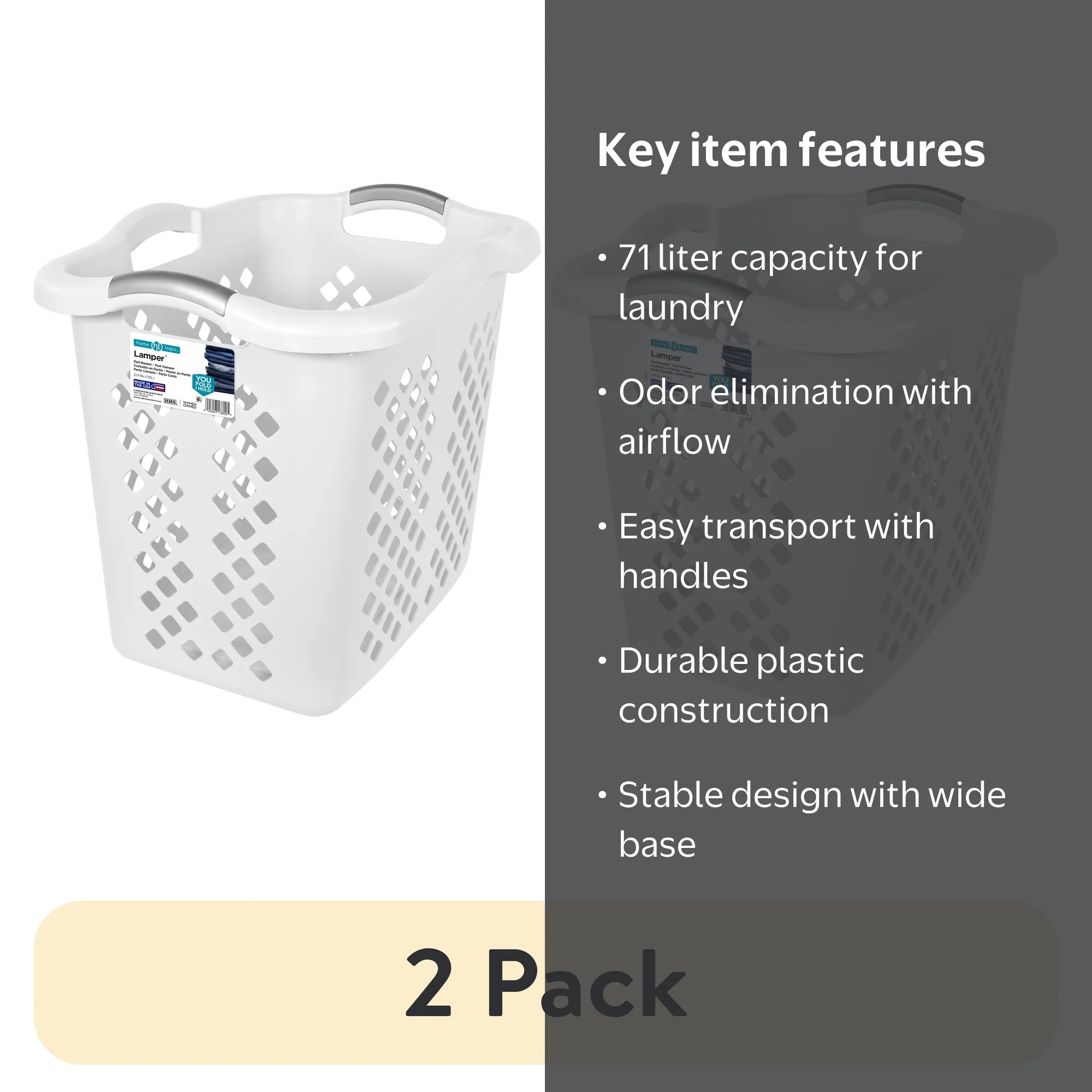 2 pack) Home Logic 2 Bushel Lamper Laundry Basket with Silver