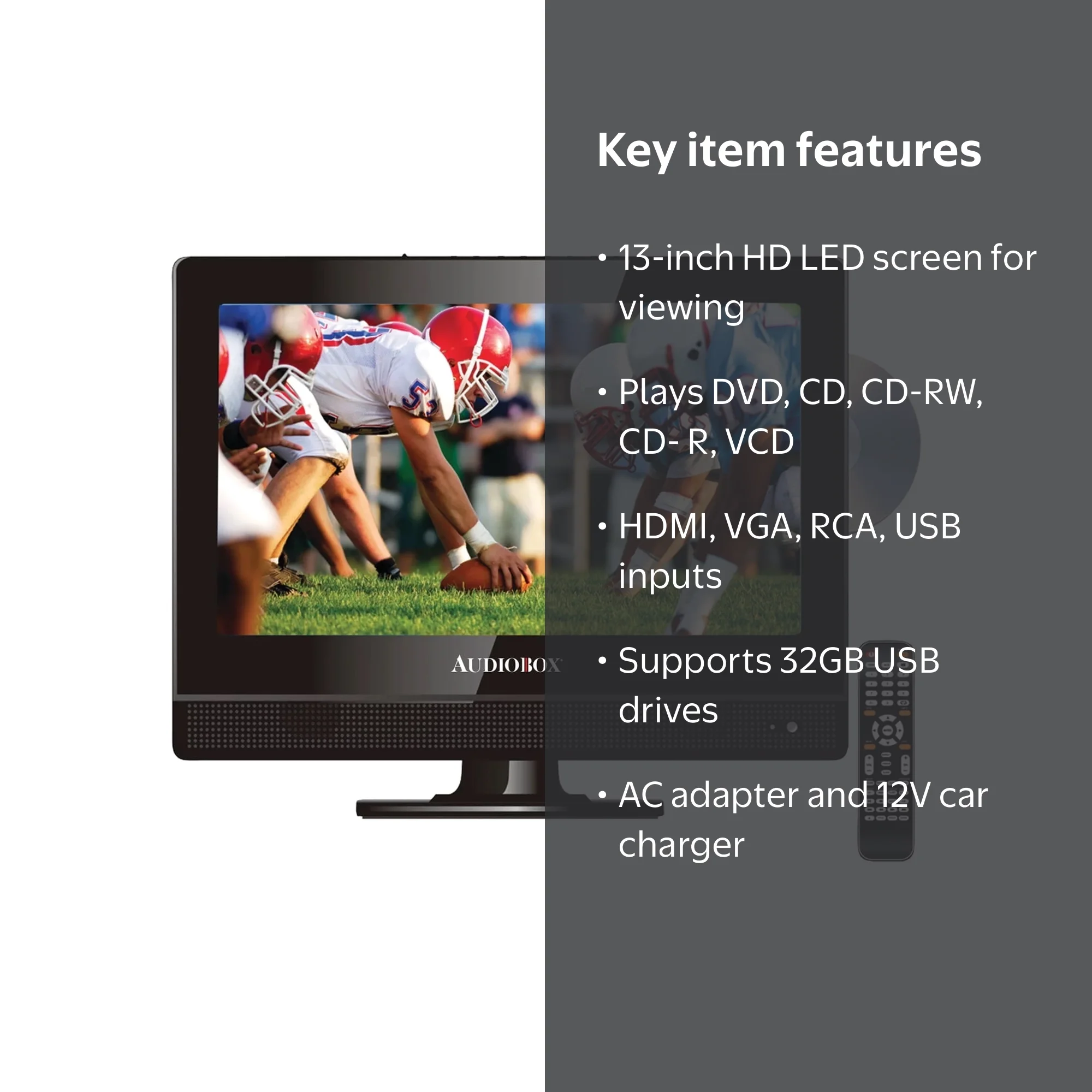 Audiobox 13-In. HD Portable TV/DVD Combo with Remote, Car Charger