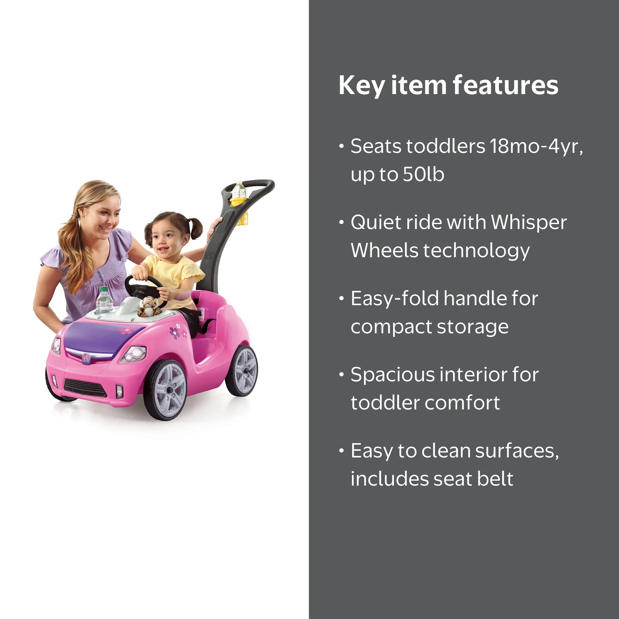 Step2, Kids Push Car, Whisper Ride II Pink, Easy-Fold Handle