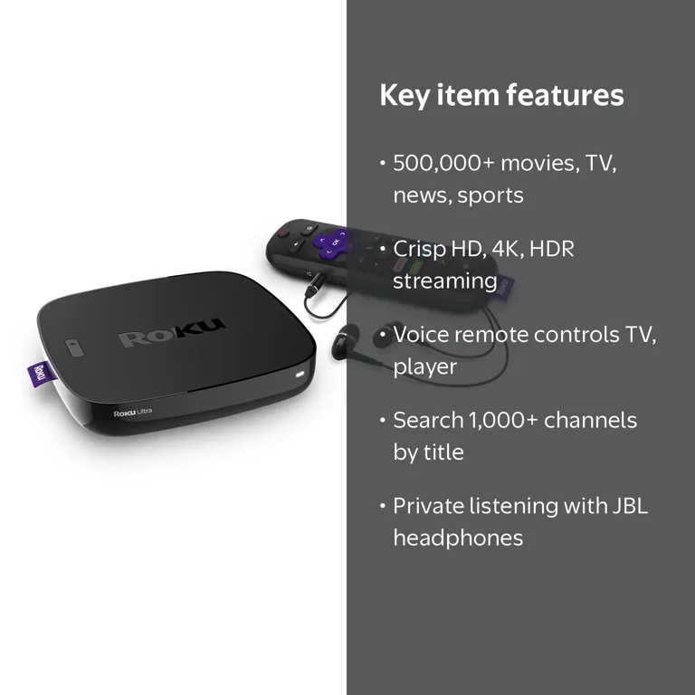 Roku Ultra 4K HDR Streaming Player (2018) with JBL headphones