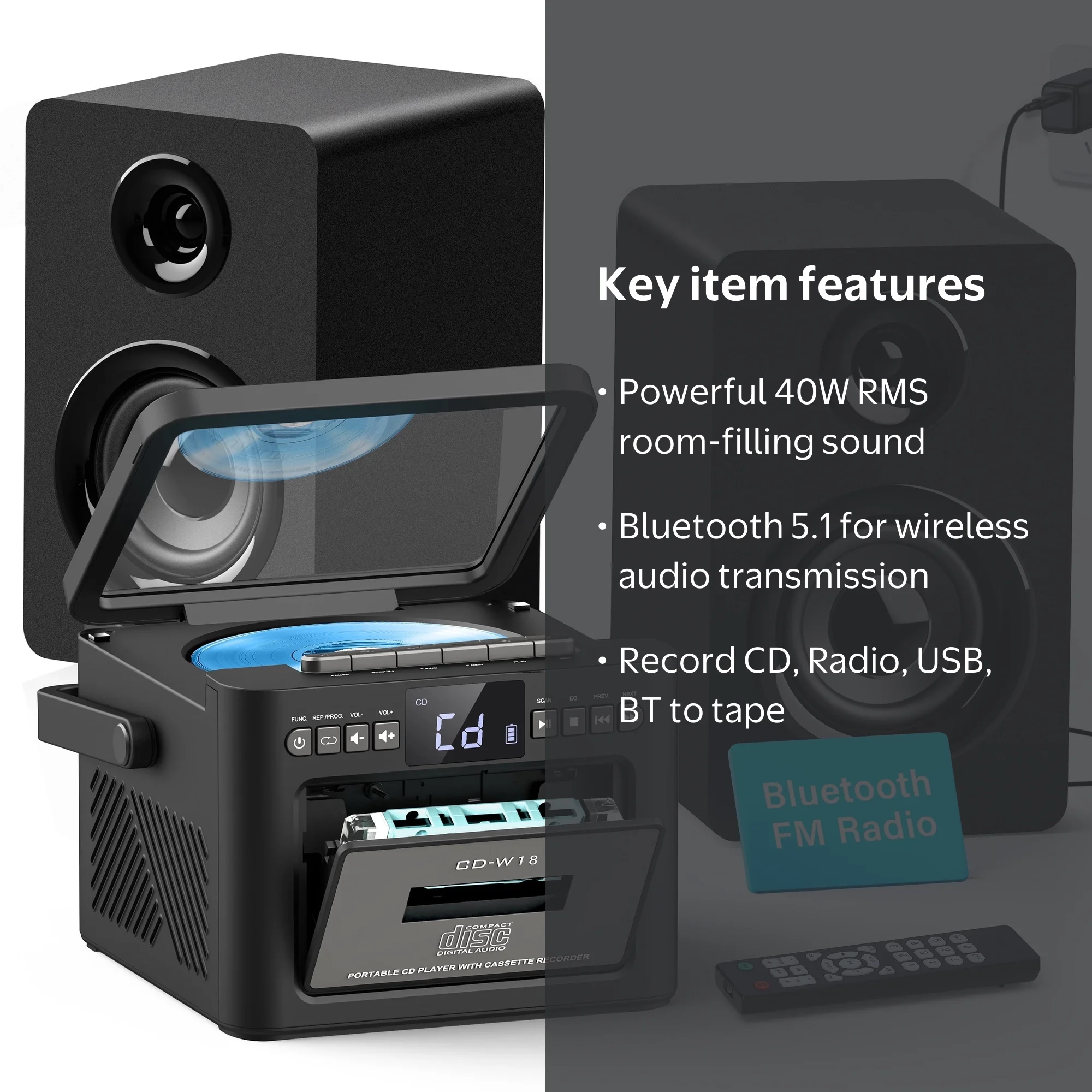 Jazmm Stereo System for Home with Boombox CD and Cassette Player