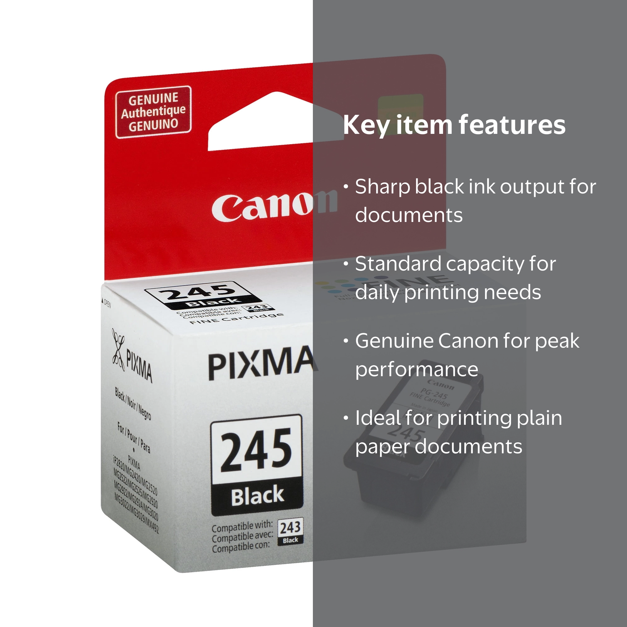 Canon PG-245 Black Ink Cartridge, Standard Yield, Compatible with